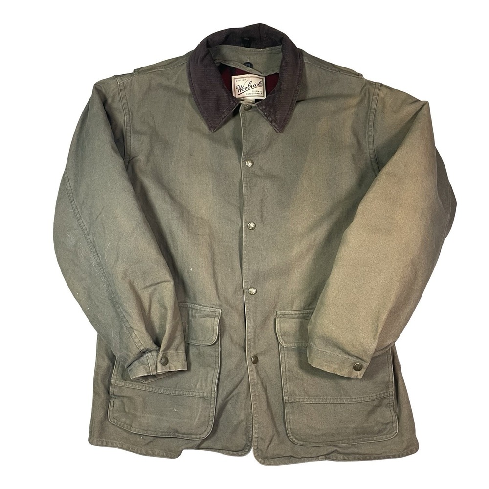 Woolrich Canvas Jacket Mens M Wool Flannel Lined Chore Coat Green Vtg USA - Picture 4 of 15